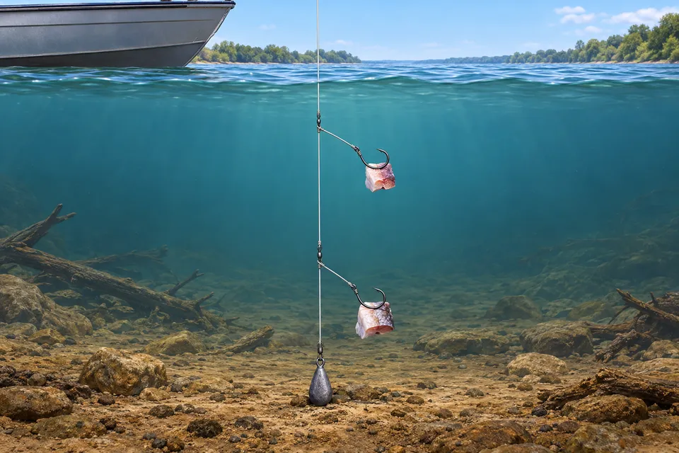 Illustration of a boat drifting two baited catfish hooks above a sinker near the river bottom.