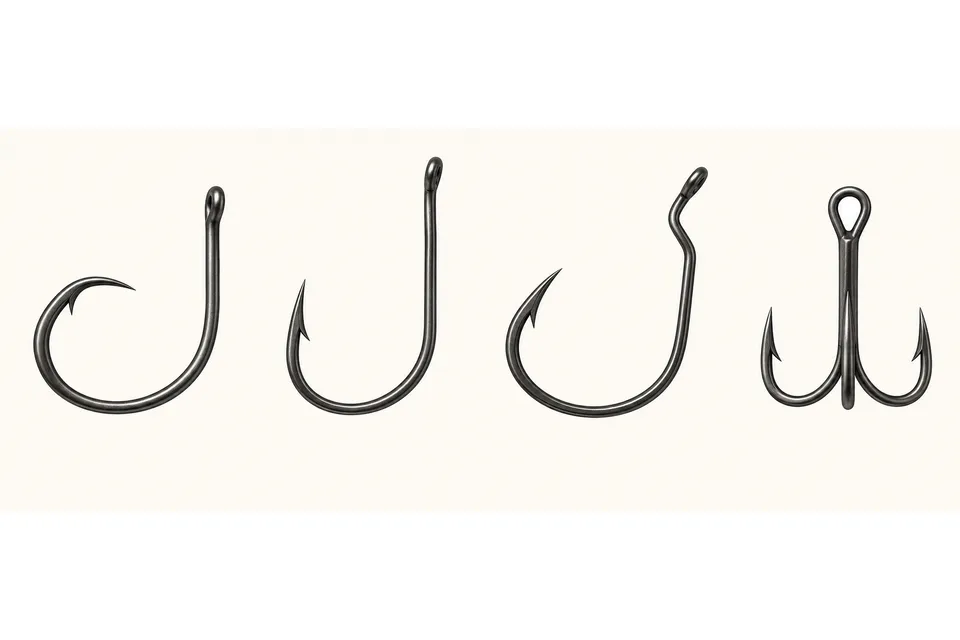 Illustration of four complete hook styles, from left: circle, J, Kahle and treble. Drawings are not to scale.