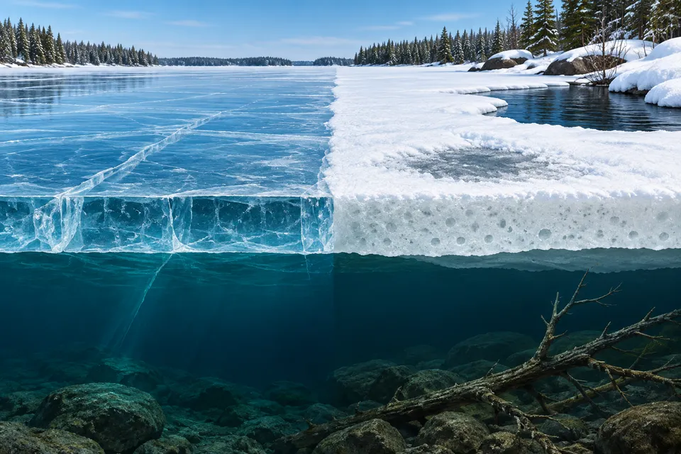 Illustration of clear blue ice beside snow-covered white ice, with open shore water and a submerged branch showing possible thin spots.