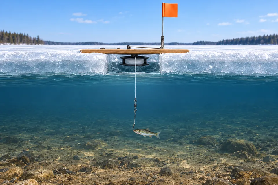 Illustration of an ice tip-up with flag, frame and spool over a hole, a line, swivel, leader, baited hook and lake bottom. Split-shot position is added as a diagram mark.