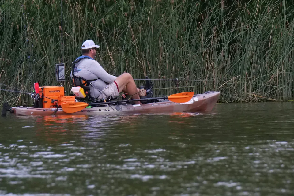 An angler pedals a fishing kayak along a reed bank with the pedal drive, rudder, paddle and rods visible; the angler's back is to the reeds.