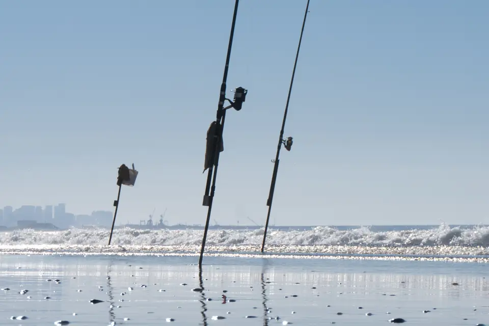 Two long surf rods with spinning reels stand upright in the wet sand at the water's edge, with breaking waves behind them.